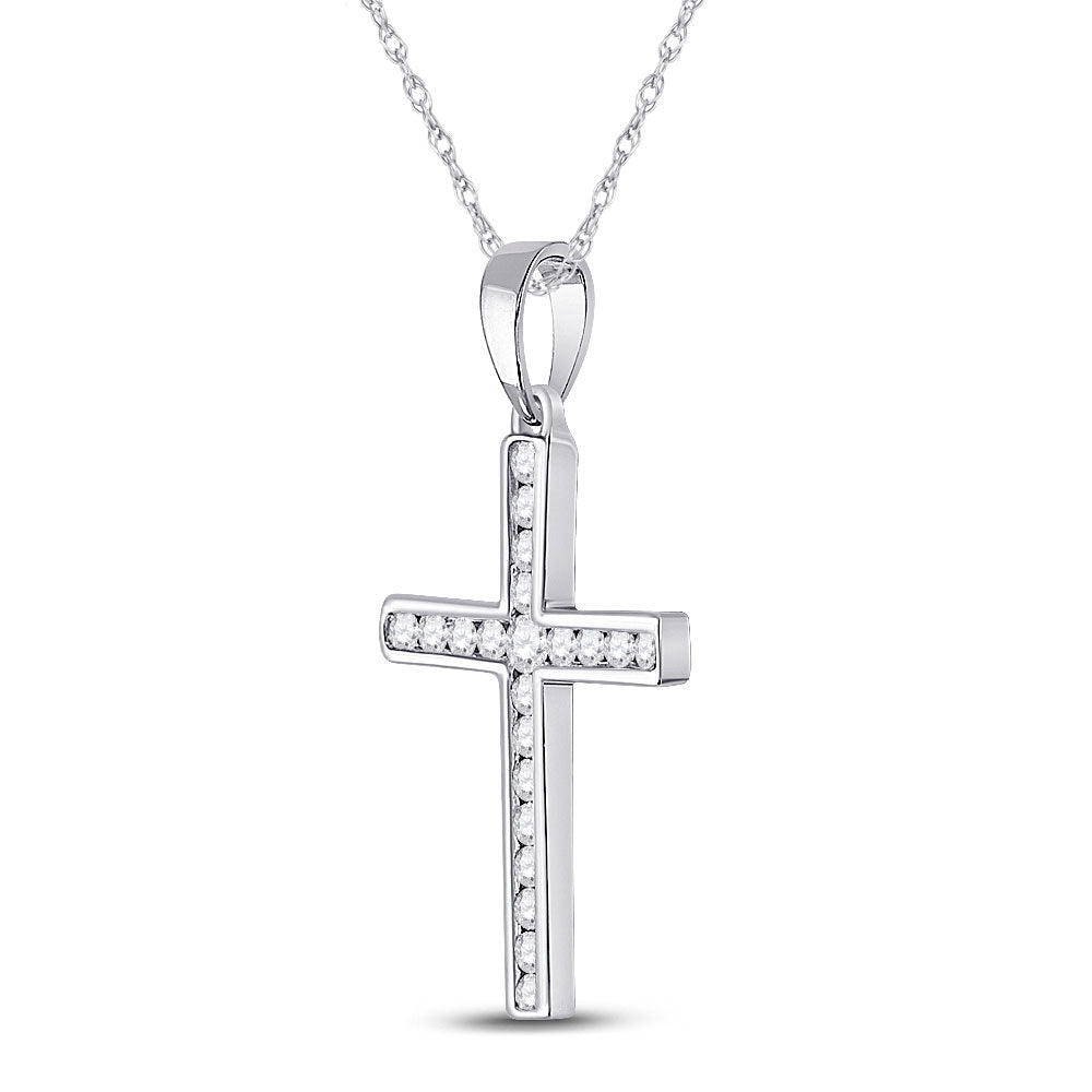 Radiant Reflections: 10kt White Gold Womens Round Diamond Cross Pendant - Splendid Jewellery