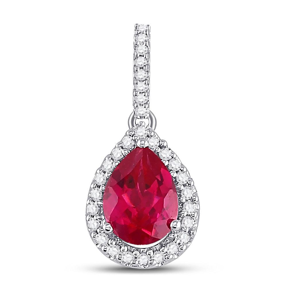 Radiant Ruby Brilliance Pendant | 10kt White Gold Womens Pear Lab - Created Ruby Solitaire Diamond Frame Pendant 1 - 7/8 Cttw - Splendid Jewellery