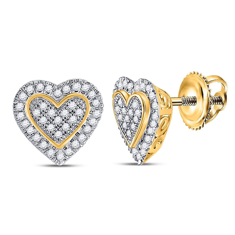 Romantic Radiance: 10kt Yellow Gold Womens Round Diamond Heart Earrings 1/4 Cttw - Splendid Jewellery