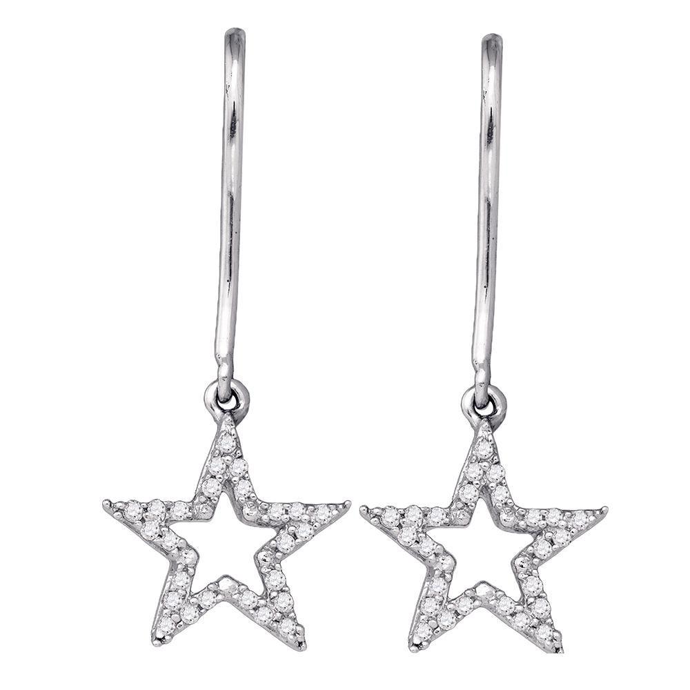 Stellar Brilliance: 10kt White Gold Womens Round Diamond Star Dangle Earrings 1/5 Cttw - Splendid Jewellery