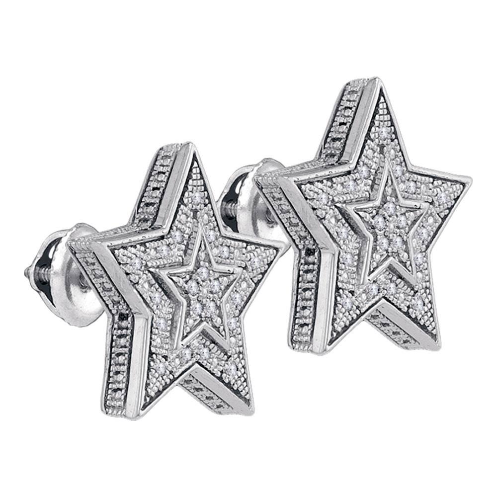 Stellar Sparkle: Sterling Silver Men's Round Diamond Star Cluster Stud Earrings 1/10 Cttw - Splendid Jewellery