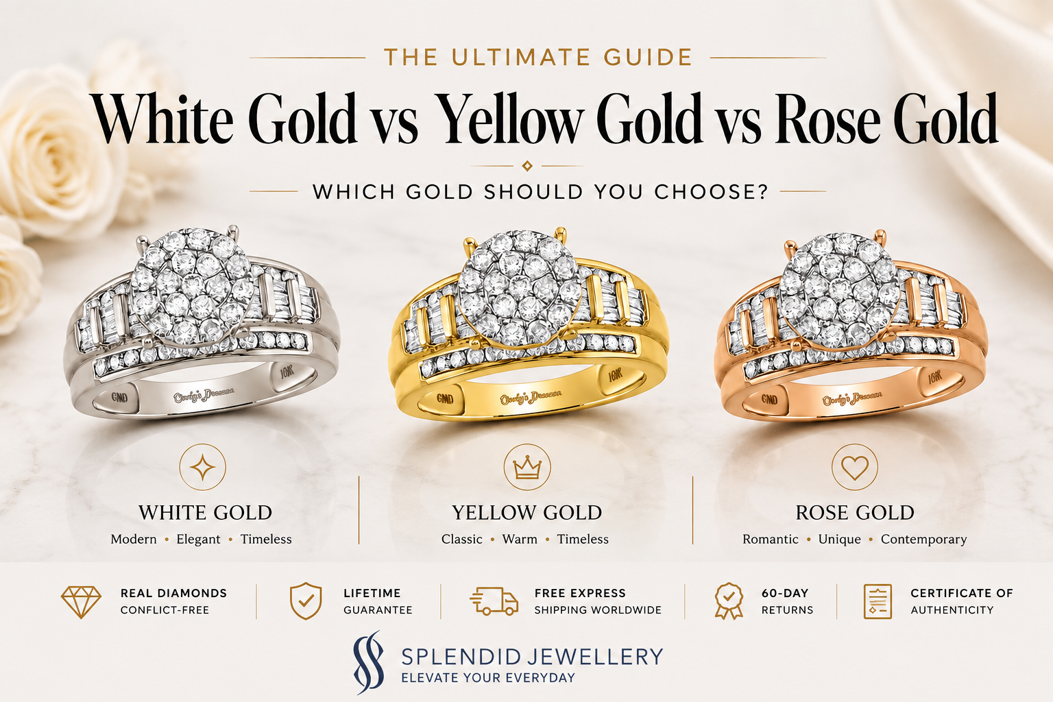 White gold vs yellow gold vs rose gold diamond rings comparison guide.