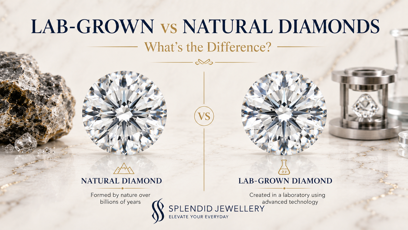 Natural and lab-grown round diamonds displayed side by side to compare their different origins.