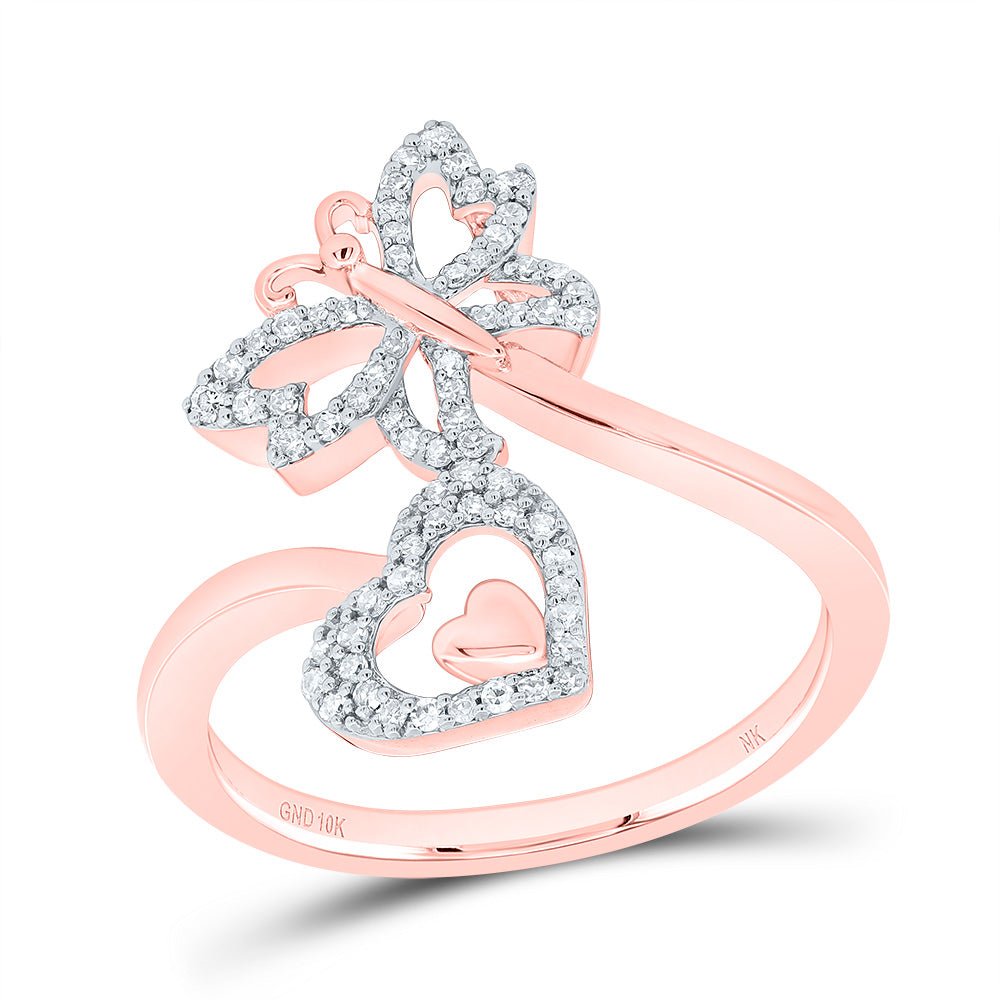 10K Rose Gold Diamond Butterfly Heart Ring 1/5 Cttw - Splendid Jewellery