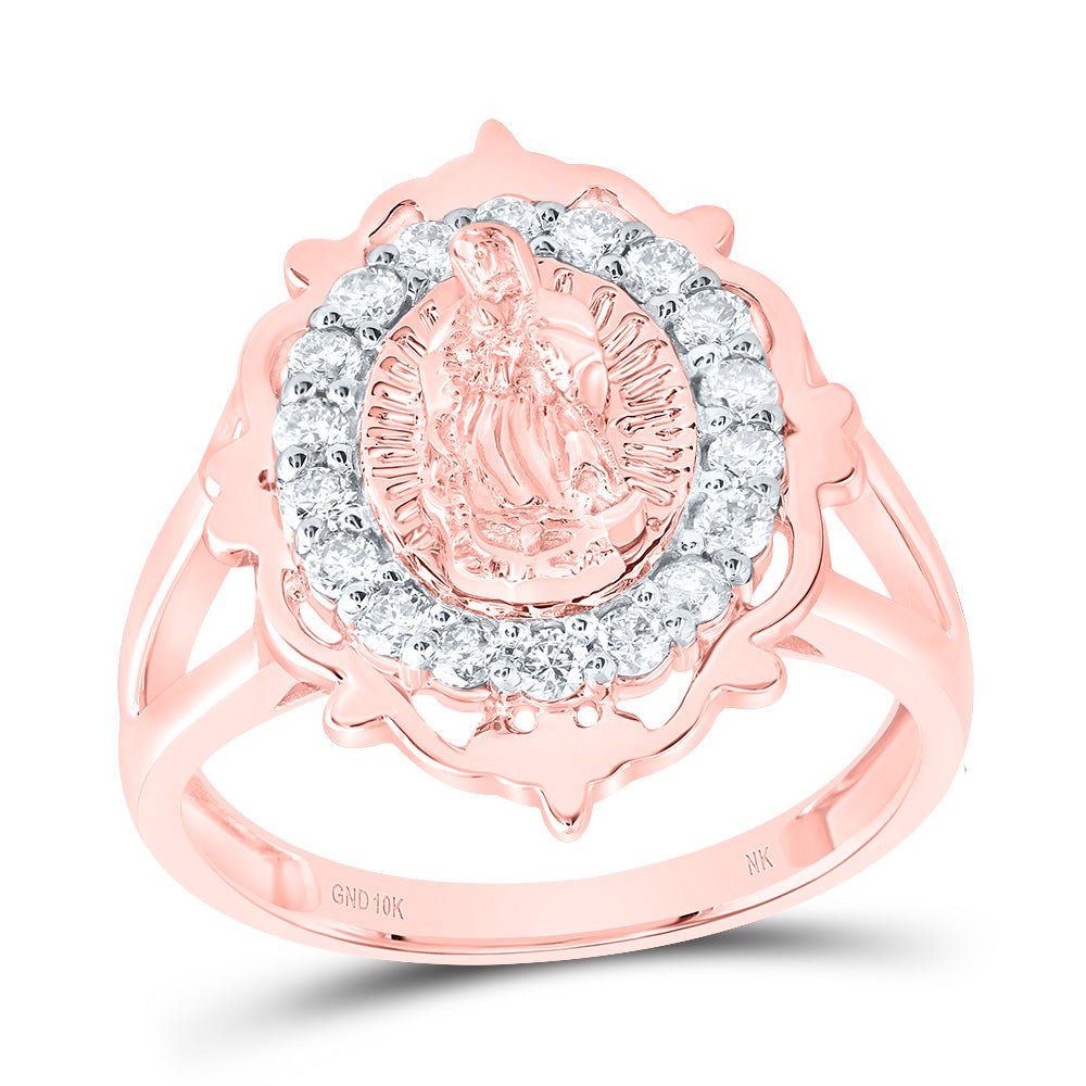 10K Rose Gold Diamond Fashion Virgin Mother Mary Women's Ring 3/8 Cttw - Splendid Jewellery