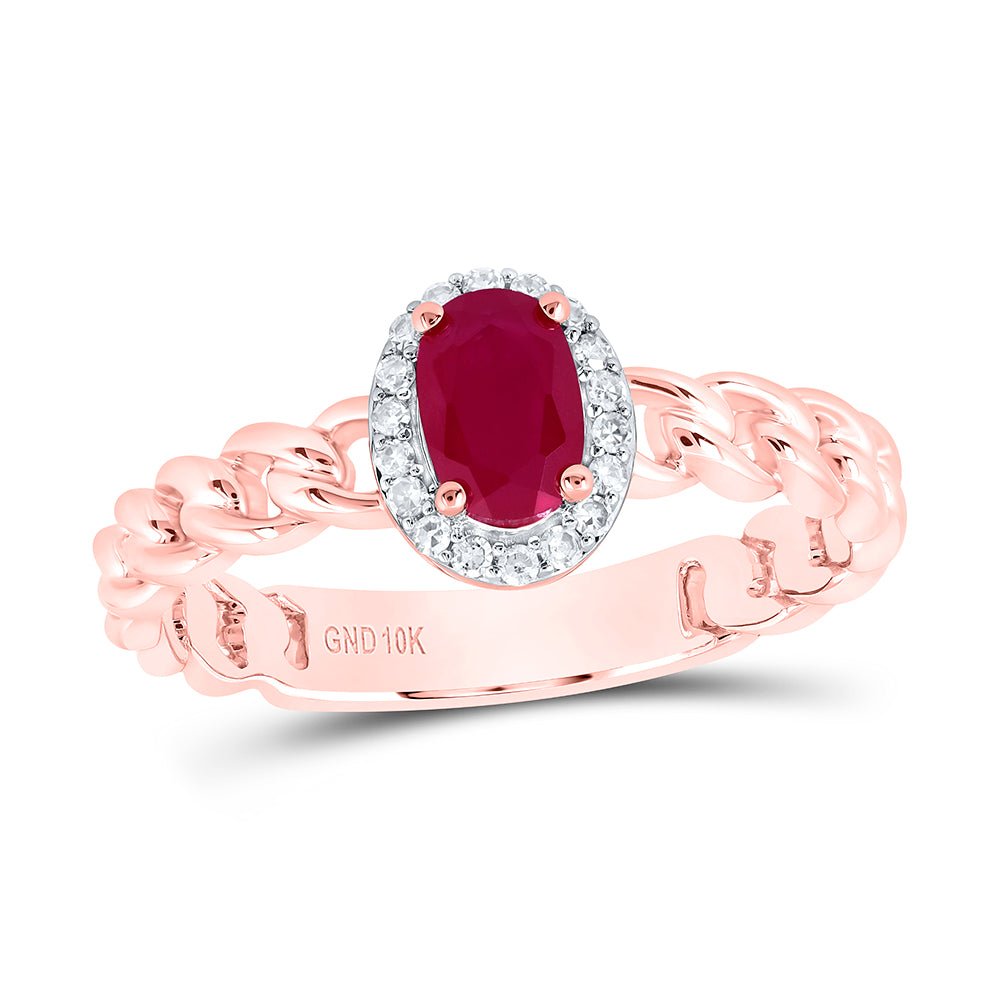 10K Rose Gold Diamond Oval Ruby Synthetic Ring 1/10 Cttw - Splendid Jewellery