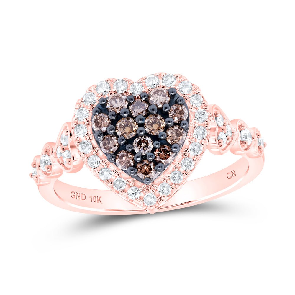 10K Rose Gold Round Brown Diamond Cognac Heart Ring 1/2 Cttw - Splendid Jewellery