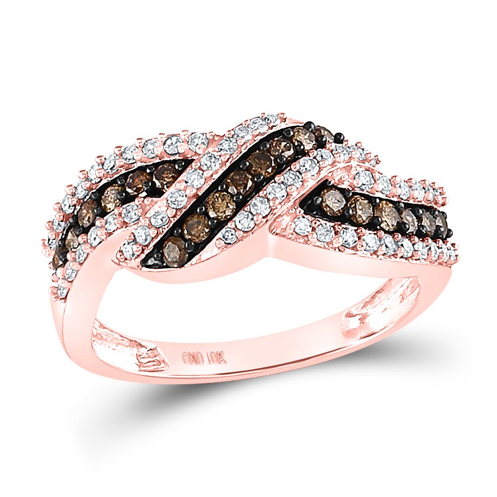 10K Rose Gold Round Brown Diamond Women's Brown Crossover Band Ring 3/4 Cttw - Splendid Jewellery
