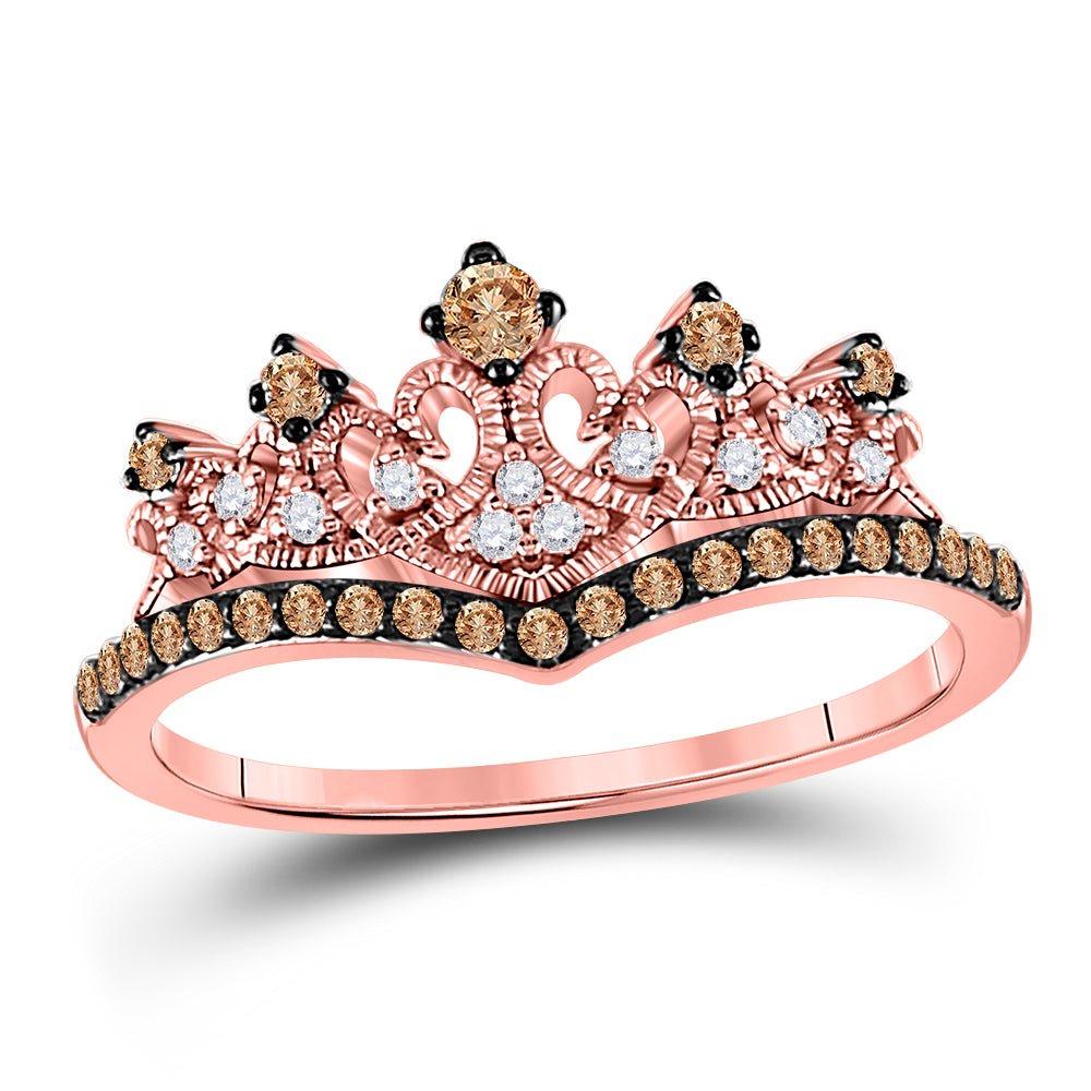 10K Rose Gold Round Brown Diamond Women's Brown Crown Tiara Ring 1/3 Cttw - Splendid Jewellery