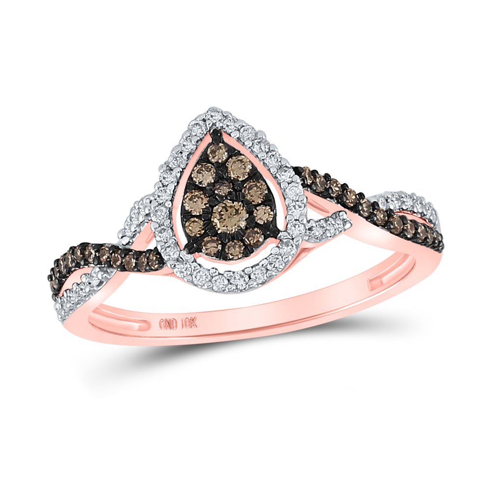 10K Rose Gold Round Brown Diamond Women's Brown Fashion Pear Cluster Ring 1/3 Cttw - Splendid Jewellery