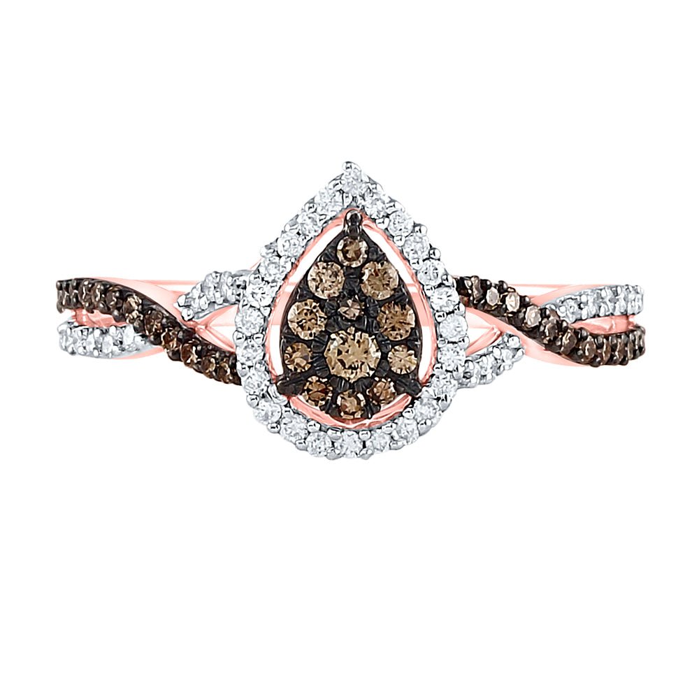 10K Rose Gold Round Brown Diamond Women's Brown Fashion Pear Cluster Ring 1/3 Cttw - Splendid Jewellery