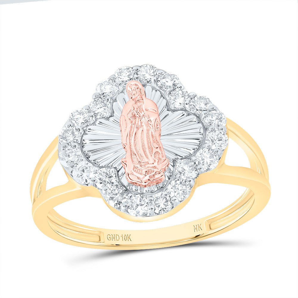 10K Tri Tone Gold Diamond Fashion Virgin Mother Mary Clover Women's Ring 1/2 Cttw - Splendid Jewellery