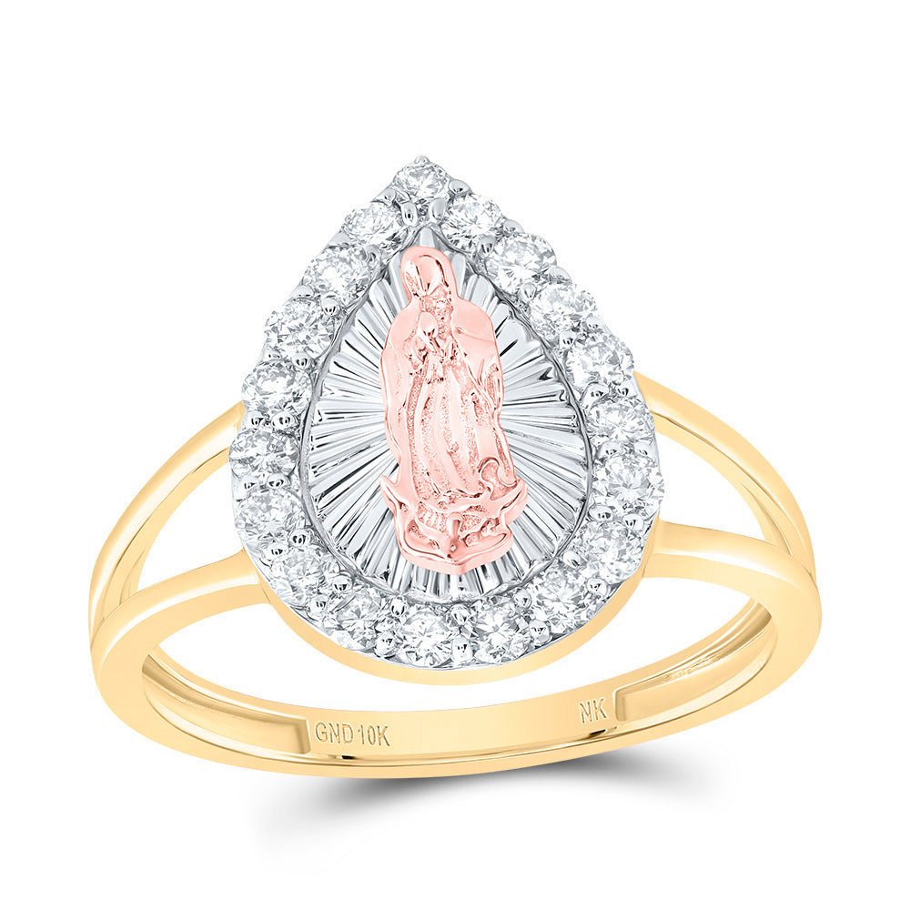 10K Tri Tone Gold Diamond Fashion Virgin Mother Mary Pear Women's Ring 1/2 Cttw - Splendid Jewellery