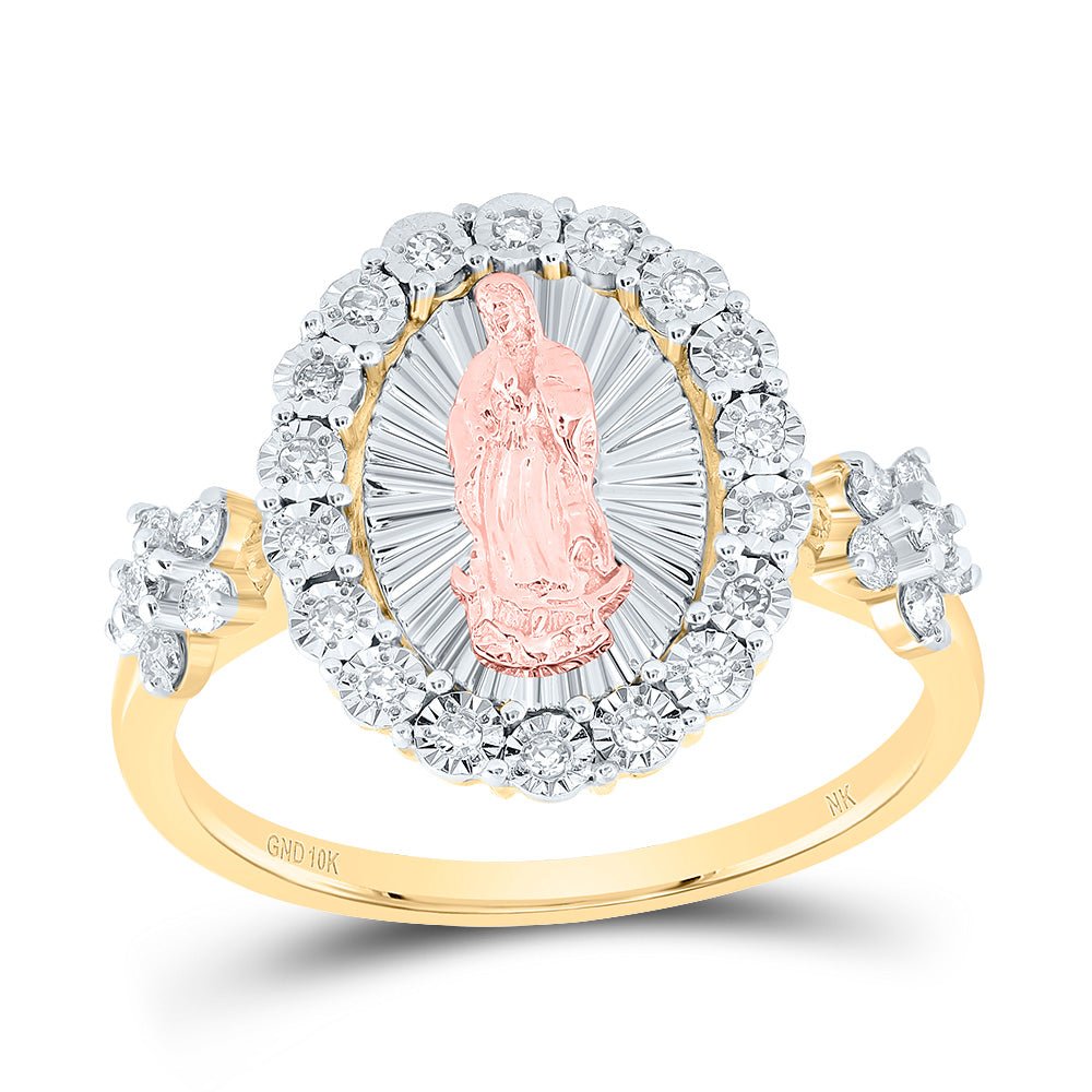 10K Tri Tone Gold Diamond Virgin Mother Mary Oval Women's Ring 1/4 Cttw - Splendid Jewellery