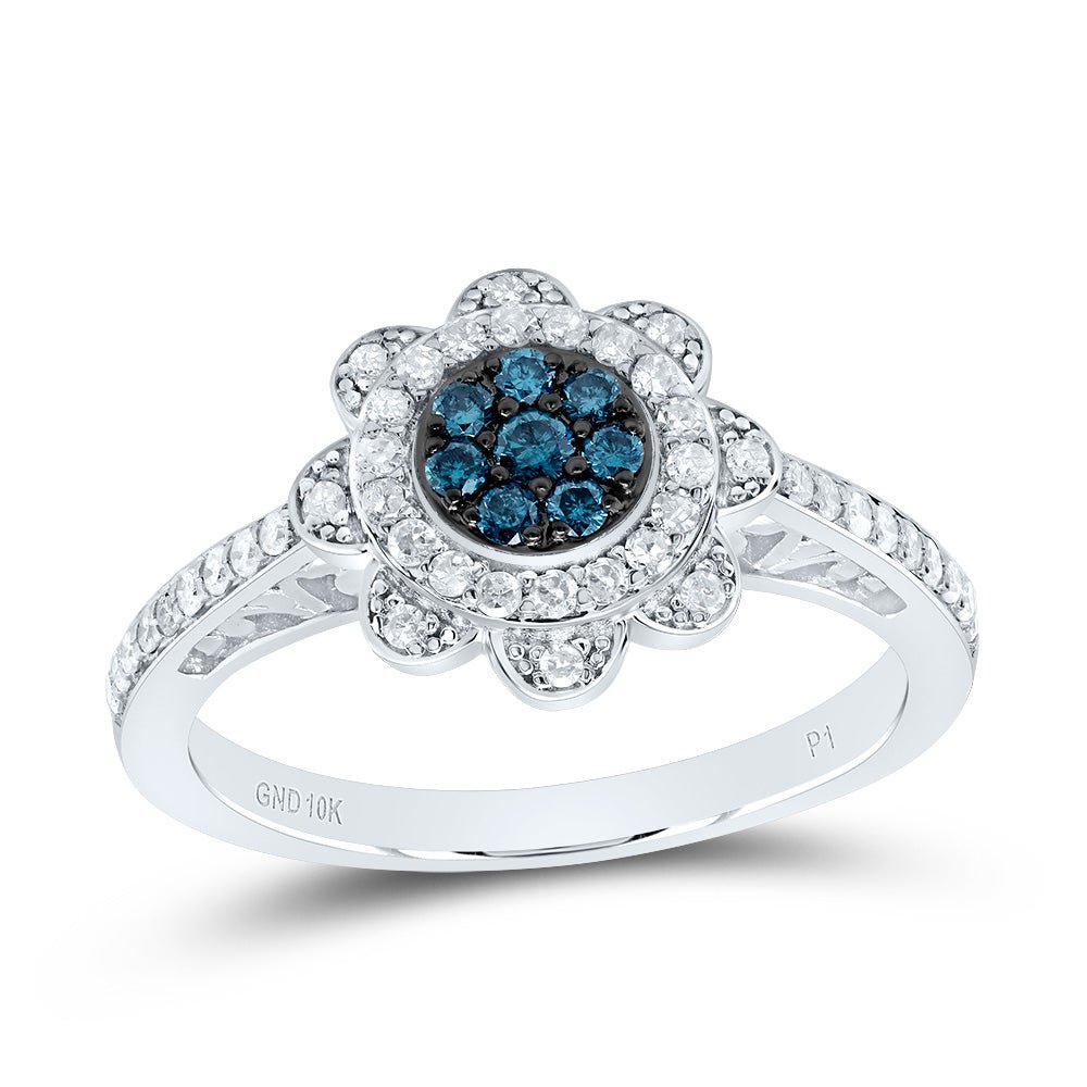 10K White Gold Diamond Blue Flower Ring 3/8 Cttw - Splendid Jewellery