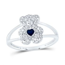 10K White Gold Diamond Blue Sapphire Gemstone Heart Teddy Bear Ring 1/3 Cttw - Splendid Jewellery