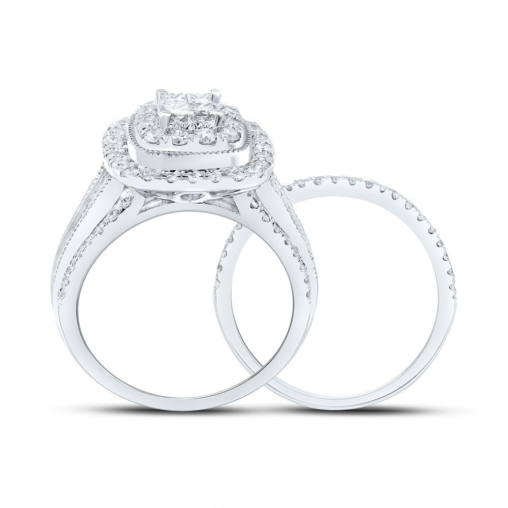 10K White Gold Diamond Cushion Double Halo Bridal Set 1 Cttw - Splendid Jewellery