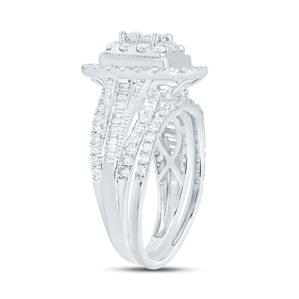 10K White Gold Diamond Cushion Double Halo Bridal Set 1 Cttw - Splendid Jewellery