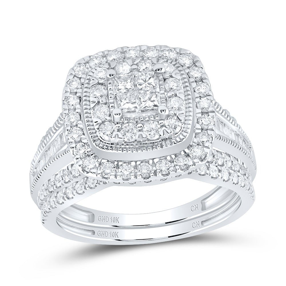 10K White Gold Diamond Cushion Double Halo Bridal Set 1 Cttw - Splendid Jewellery
