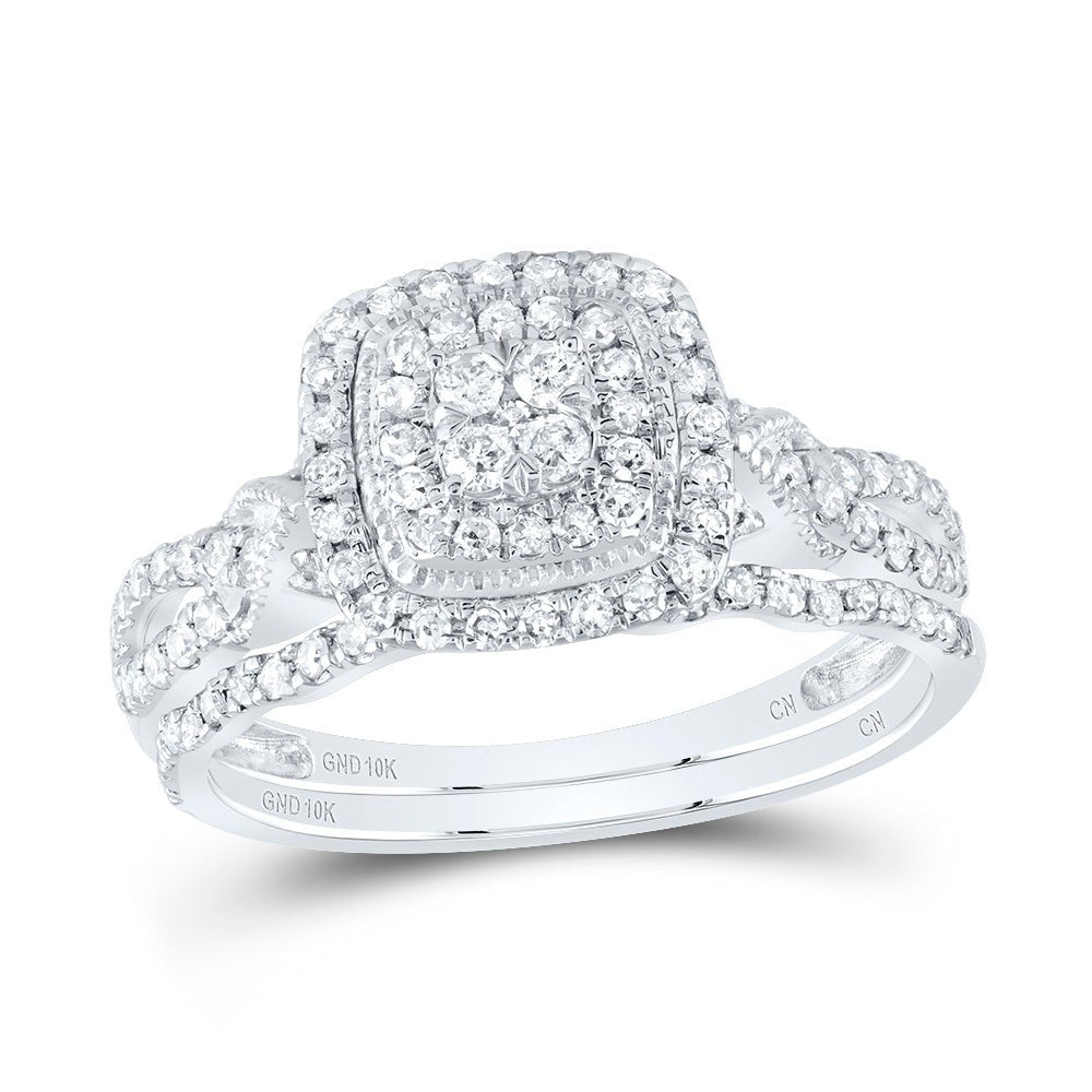 10K White Gold Diamond Cushion Double Halo Bridal Set 1/2 Cttw - Splendid Jewellery