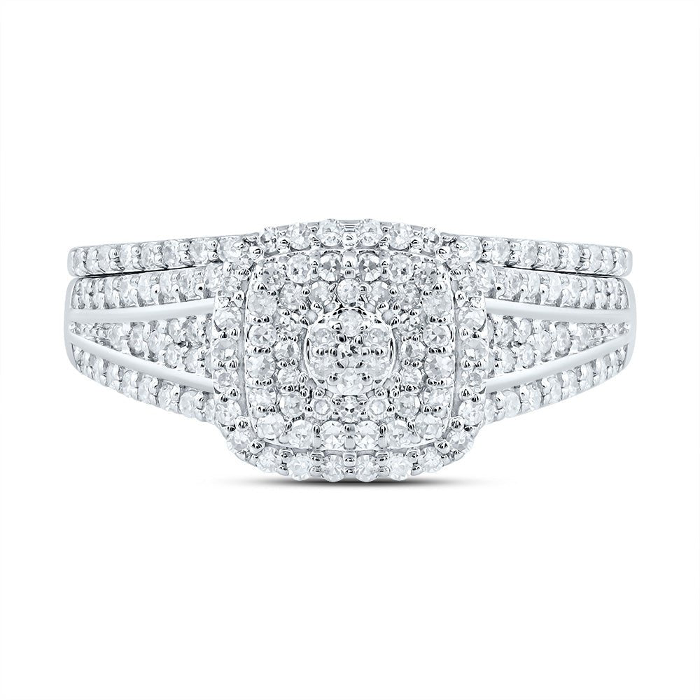 10K White Gold Diamond Cushion Double Halo Bridal Set 1/2 Cttw - Splendid Jewellery