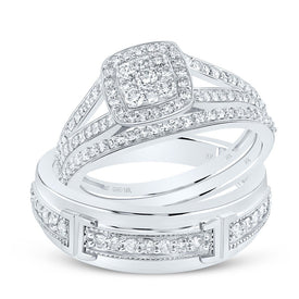 10K White Gold Diamond Cushion Trio Ring Set 3/4 Cttw - Splendid Jewellery