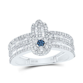 10K White Gold Diamond Fashion Blue Hamsa Ring 1 Cttw - Splendid Jewellery