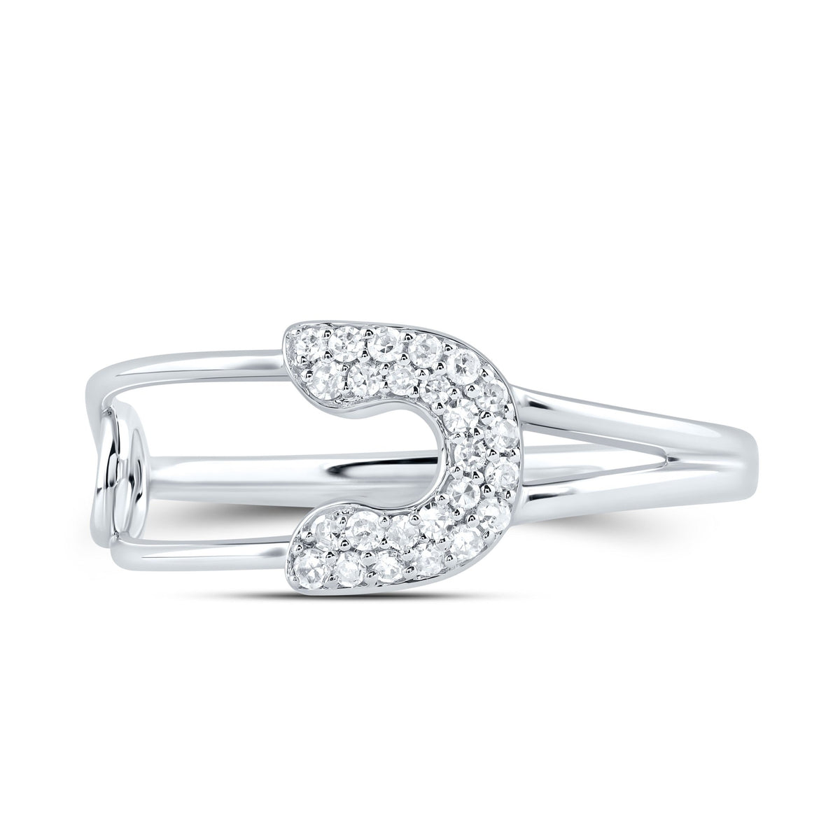 10K White Gold Diamond Fashion Safety Pin Ring 1/8 Cttw - Splendid Jewellery