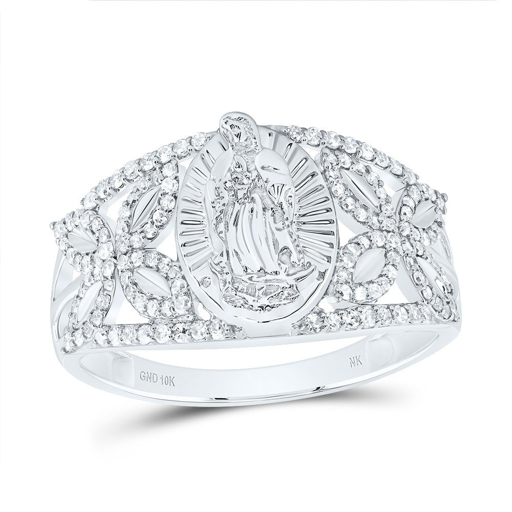 10K White Gold Diamond Fashion Virgin Mother Mary Oval Women's Ring 1/3 Cttw - Splendid Jewellery