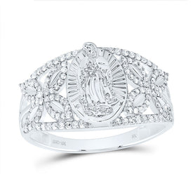 10K White Gold Diamond Fashion Virgin Mother Mary Oval Women's Ring 1/3 Cttw - Splendid Jewellery