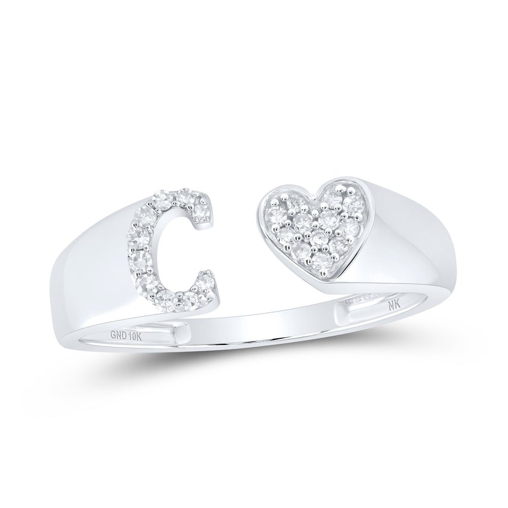 10K White Gold Diamond Gift Initial "C" Women's Heart Ring 1/10 Cttw - Splendid Jewellery