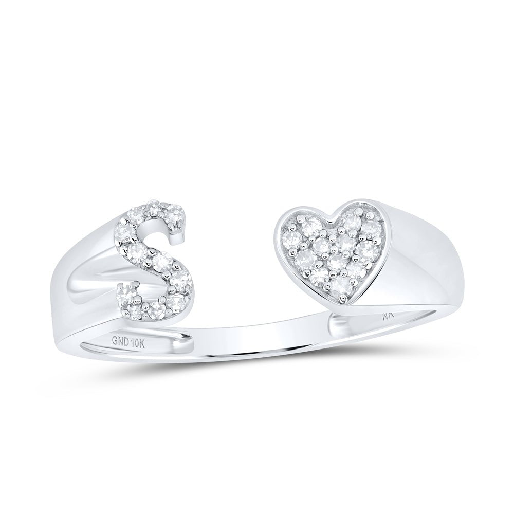 10K White Gold Diamond Gift Initial "S" Women's Heart Ring 1/10 Cttw - Splendid Jewellery
