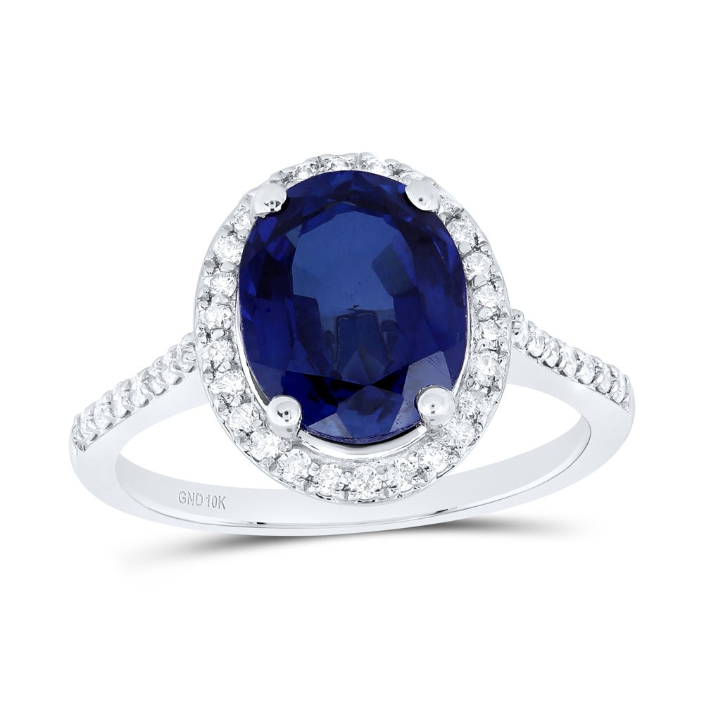 10K White Gold Diamond Oval Blue Sapphire Synthetic Ring 1/3 Cttw - Splendid Jewellery