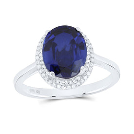 10K White Gold Diamond Oval Blue Sapphire Synthetic Ring 1/6 Cttw - Splendid Jewellery