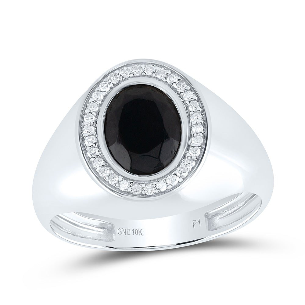10K White Gold Diamond Oval Onyx Black Men's Ring 1/6 Cttw - Splendid Jewellery