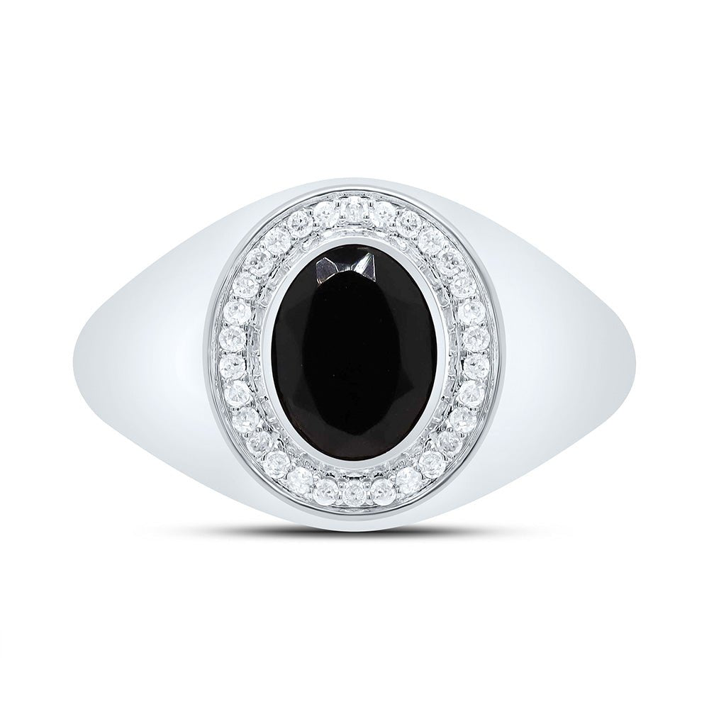 10K White Gold Diamond Oval Onyx Black Men's Ring 1/6 Cttw - Splendid Jewellery