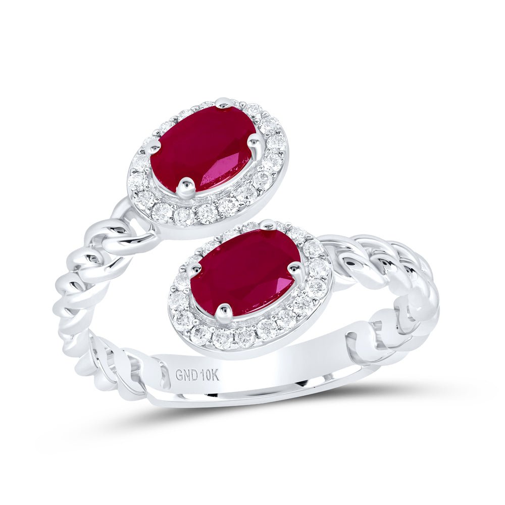 10K White Gold Diamond Oval Ruby Synthetic Ring 1/5 Cttw - Splendid Jewellery