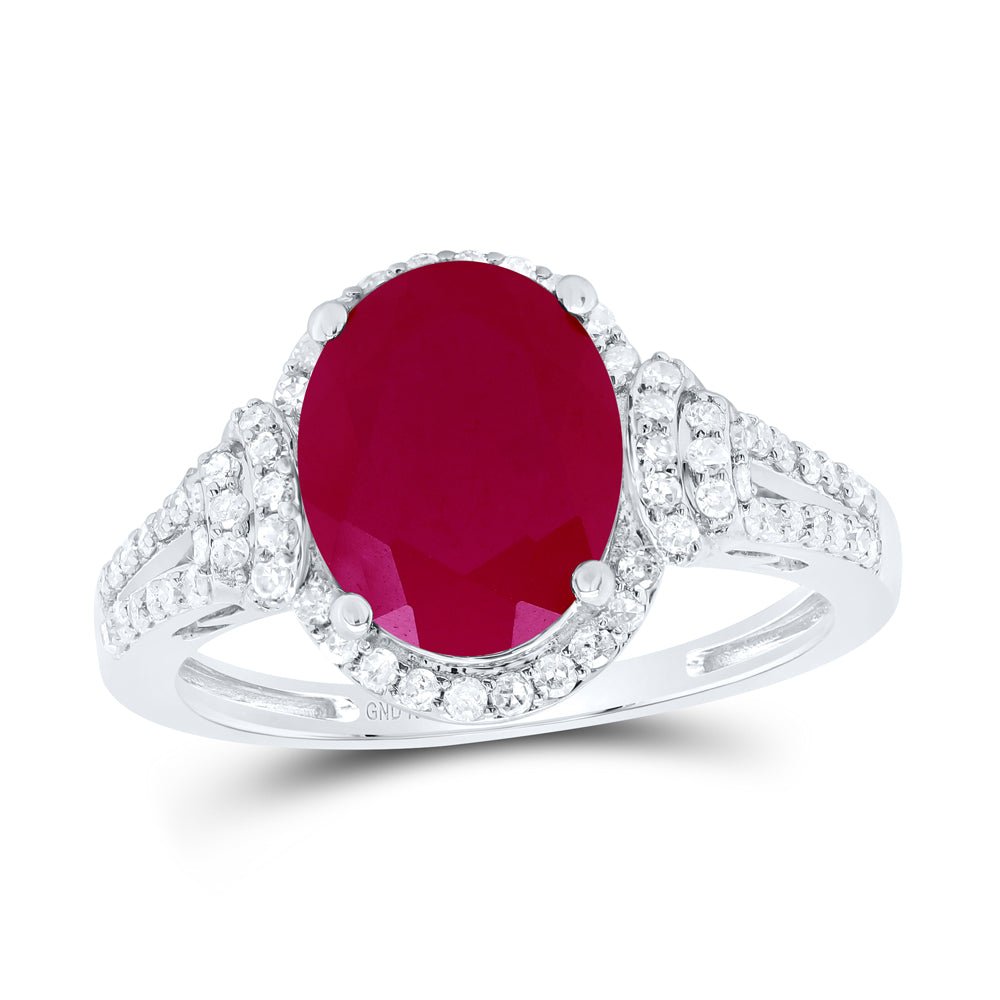 10K White Gold Diamond Oval Ruby Synthetic Ring 3/8 Cttw - Splendid Jewellery