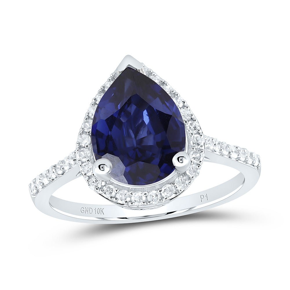 10K White Gold Diamond Pear Blue Sapphire Synthetic Ring 1/3 Cttw - Splendid Jewellery