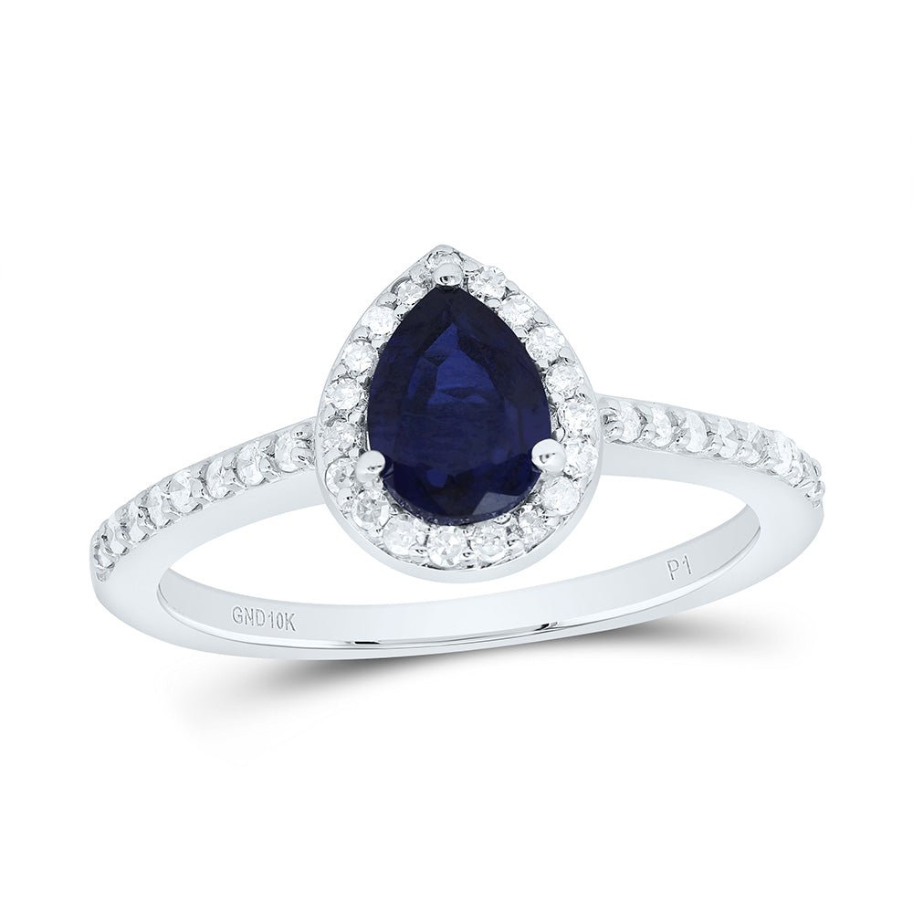 10K White Gold Diamond Pear Blue Sapphire Synthetic Ring 1/4 Cttw - Splendid Jewellery