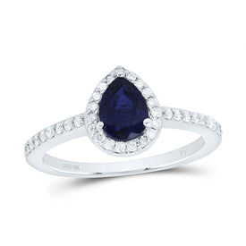 10K White Gold Diamond Pear Blue Sapphire Synthetic Ring 1/4 Cttw - Splendid Jewellery