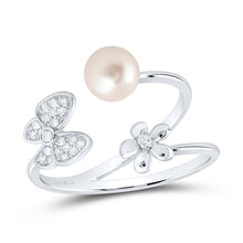 Load image into Gallery viewer, 10K White Gold Diamond Pearl Butterfly Women's Ring 1/10 Cttw - Splendid Jewellery