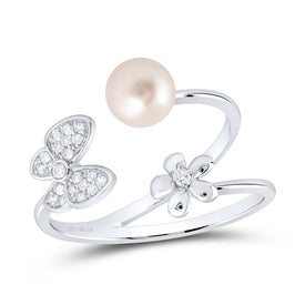 10K White Gold Diamond Pearl Butterfly Women's Ring 1/10 Cttw - Splendid Jewellery