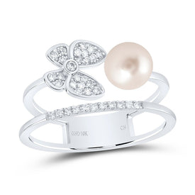 10K White Gold Diamond Pearl Butterfly Women's Ring 1/6 Cttw - Splendid Jewellery