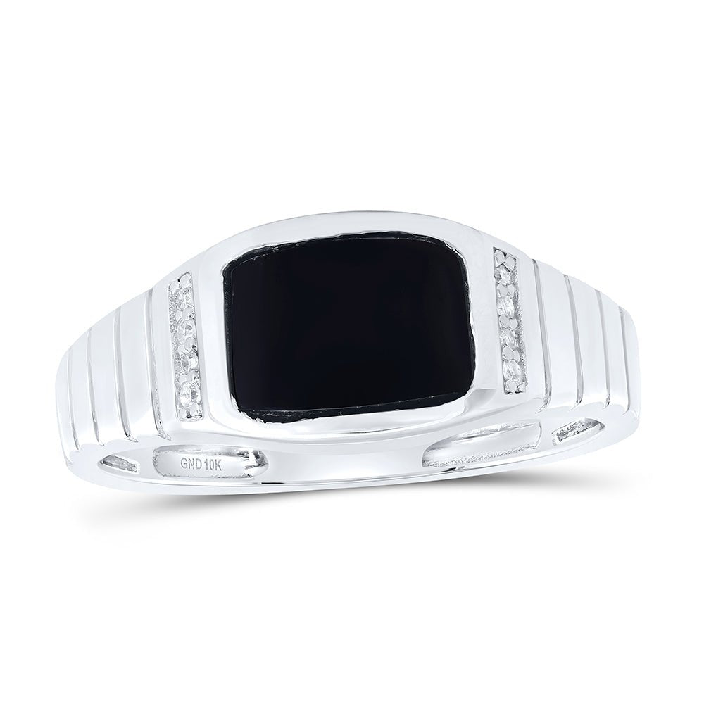 10K White Gold Diamond Rectangle Onyx Black Men's Ring 1/20 Cttw - Splendid Jewellery