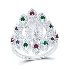 Load image into Gallery viewer, 10K White Gold Diamond Ruby,Blue Sapphire and Emerald Gemstone Virgin Mother Mary Ring 1/2 Cttw - Splendid Jewellery