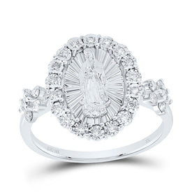 10K White Gold Diamond Virgin Mother Mary Oval Women's Ring 1/4 Cttw - Splendid Jewellery