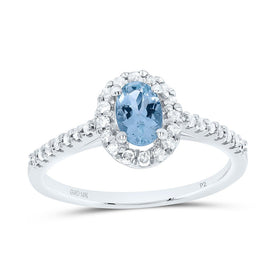 10K White Gold Oval Natural Aquamarine Diamond Accent Solitaire Ring 1/5 Cttw - Splendid Jewellery