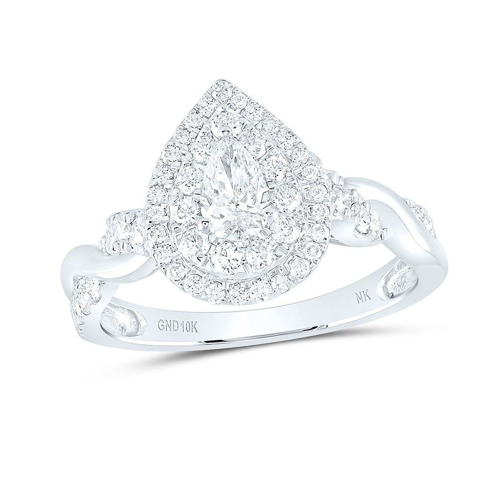 10K White Gold Pear Diamond Double Halo Engagement Ring 1 Cttw - Splendid Jewellery
