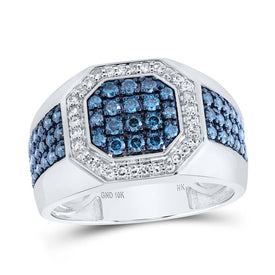 10K White Gold Round Colored Blue Diamond Mens Ring 1 1/5 Cttw - Splendid Jewellery